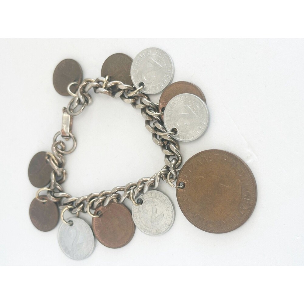 1960s Coin Charm Bracelet Size 7 inch Finland Austria Canada boho festival - Picture 2 of 5
